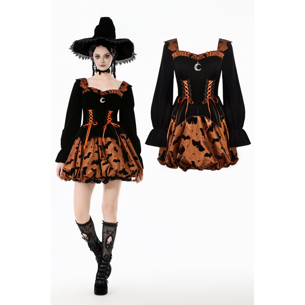 Dark in Love - Midnight Bat & Pumpkin Halloween Korte jurk - Zwart/Oranje